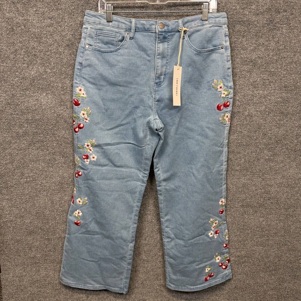 Driftwood 14 Jeans Blue Washed Embroidered Stretch Cherries Flowers